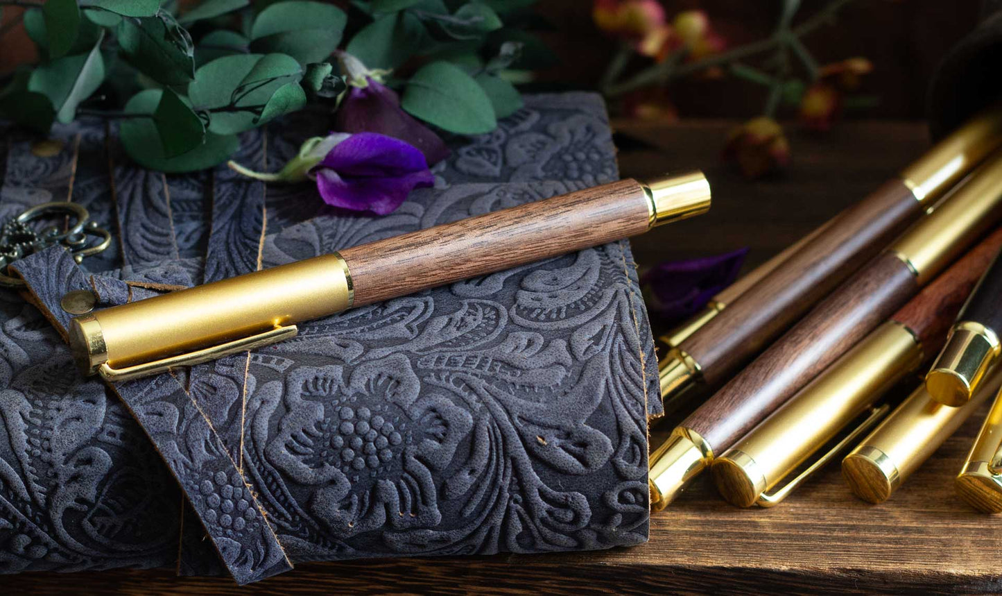 Classic Wooden Gel Pen - Pale Walnut Body, Black Ink & Brass Accents