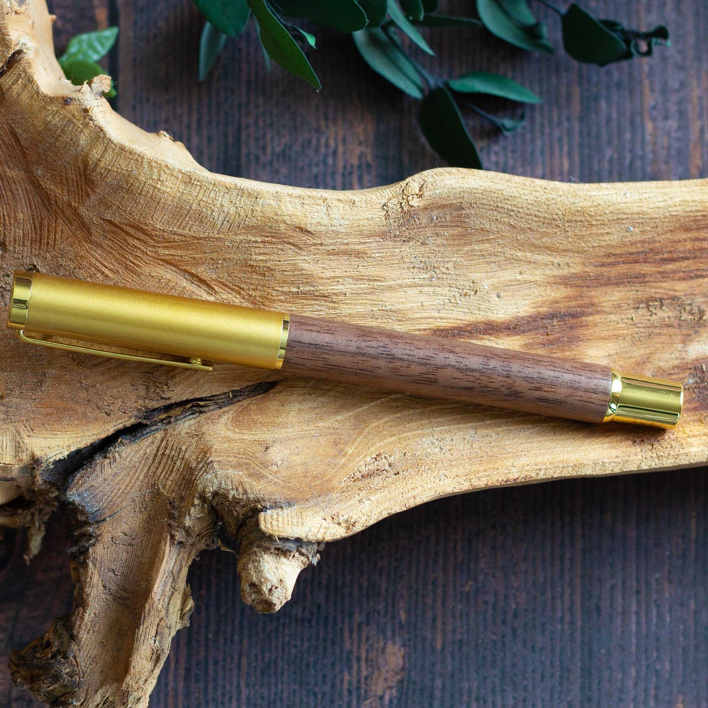 Classic Wooden Gel Pen - Pale Walnut Body, Black Ink & Brass Accents