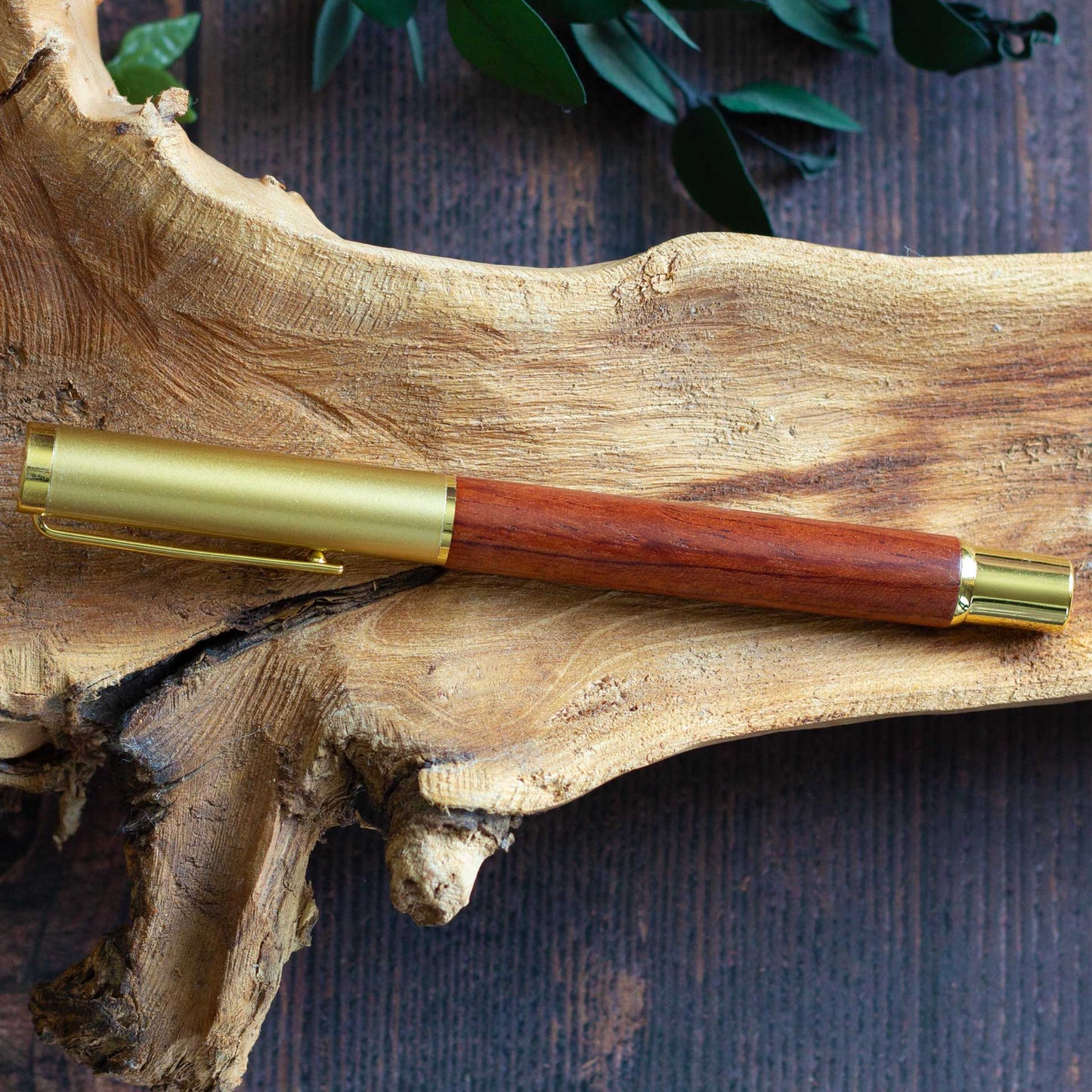 Classic Wooden Gel Pen - Dark Pinewood Body, Black Ink & Brass Accents