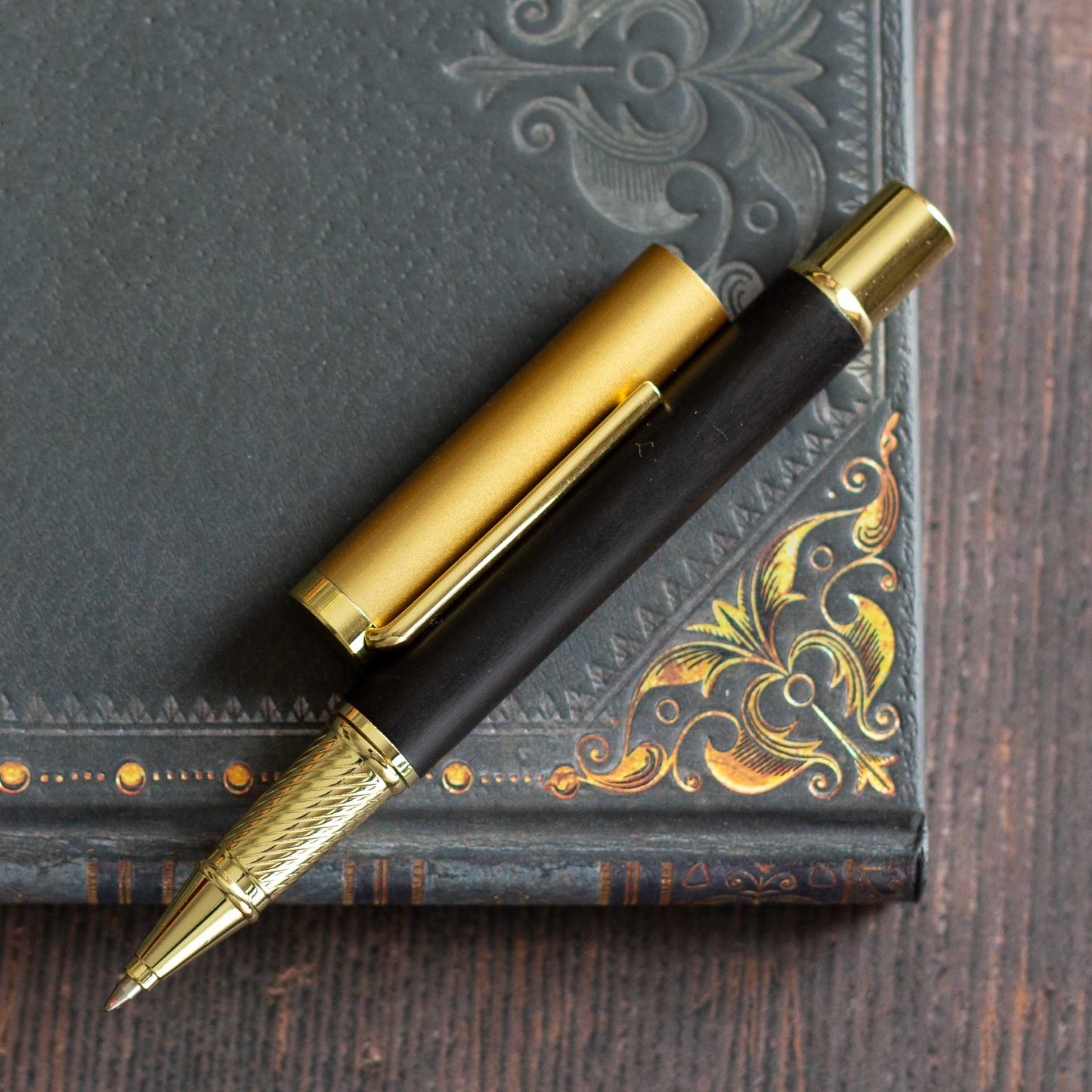 Classic Wooden Gel Pen - Sandalwood-Black Wood Body, Black Ink & Brass Accents