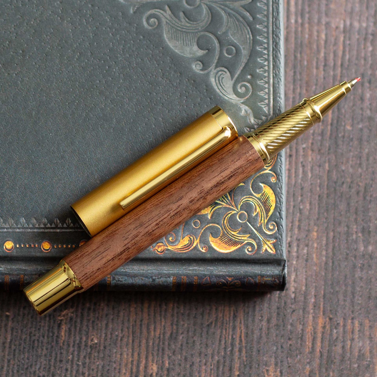 Classic Wooden Gel Pen - Pale Walnut Body, Black Ink & Brass Accents