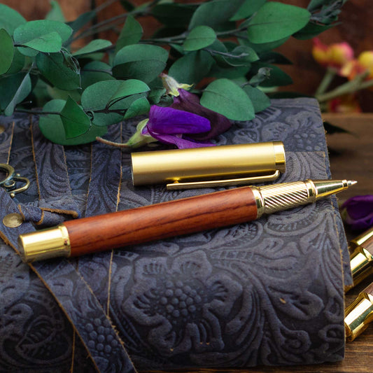 Classic Wooden Gel Pen - Dark Pinewood Body, Black Ink & Brass Accents