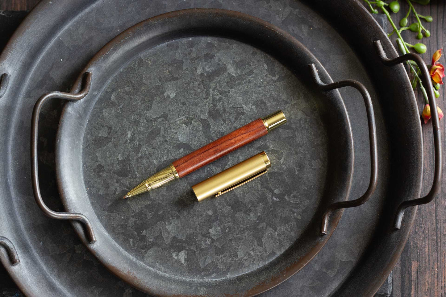 Classic Wooden Gel Pen - Dark Pinewood Body, Black Ink & Brass Accents