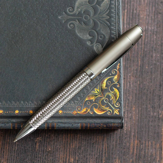 Woven Metal Executive Pen. Black ink, ballpoint pen.