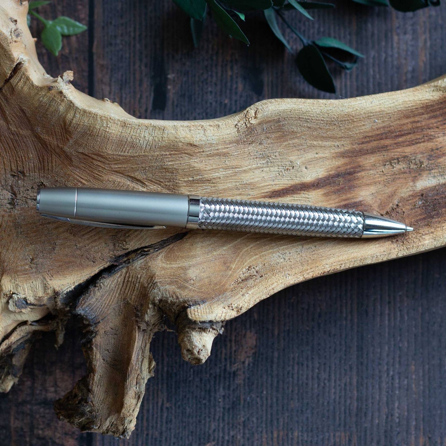 Woven Metal Executive Pen. Black ink, ballpoint pen.