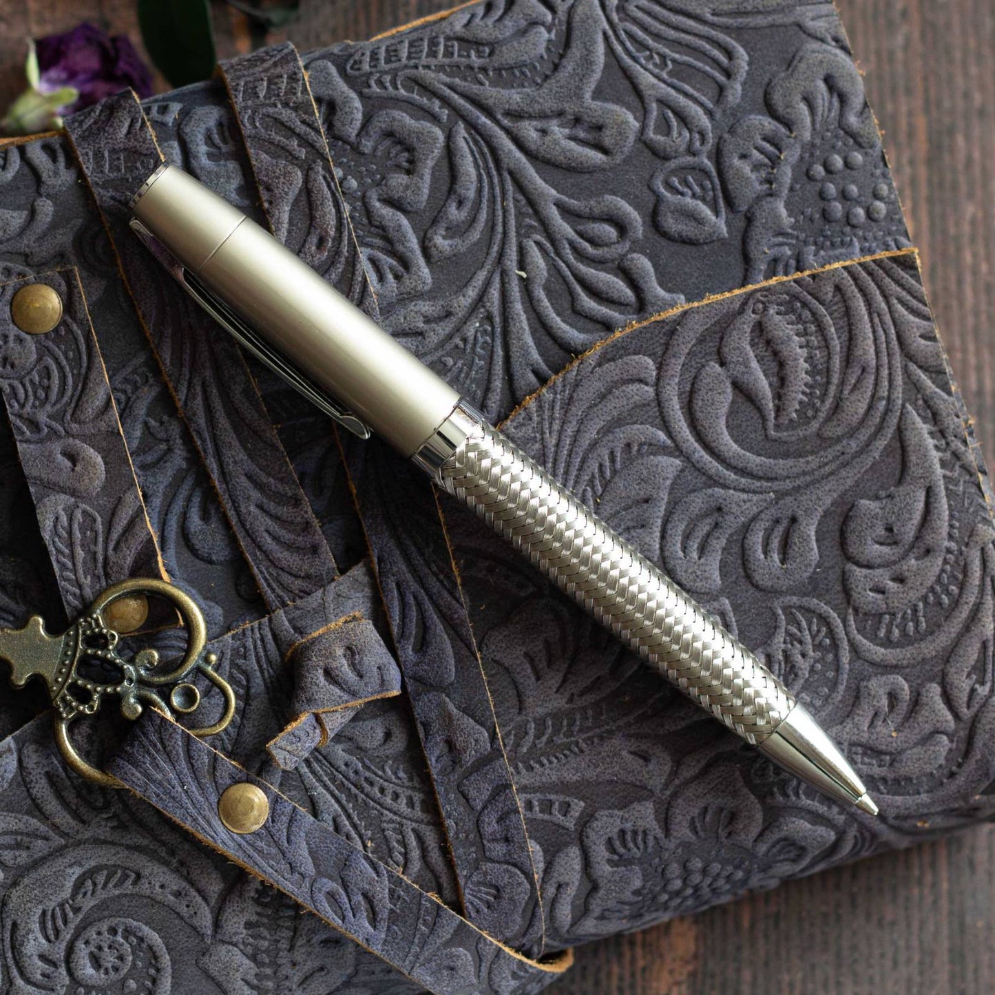Woven Metal Executive Pen. Black ink, ballpoint pen.