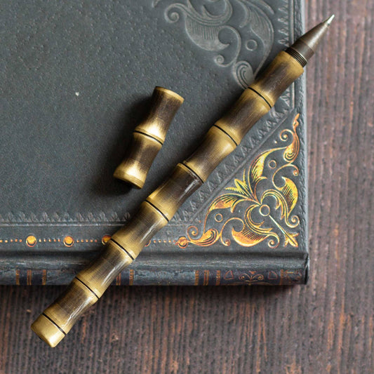 Brass Bamboo Design Pen. Black ink, ballpoint pen.