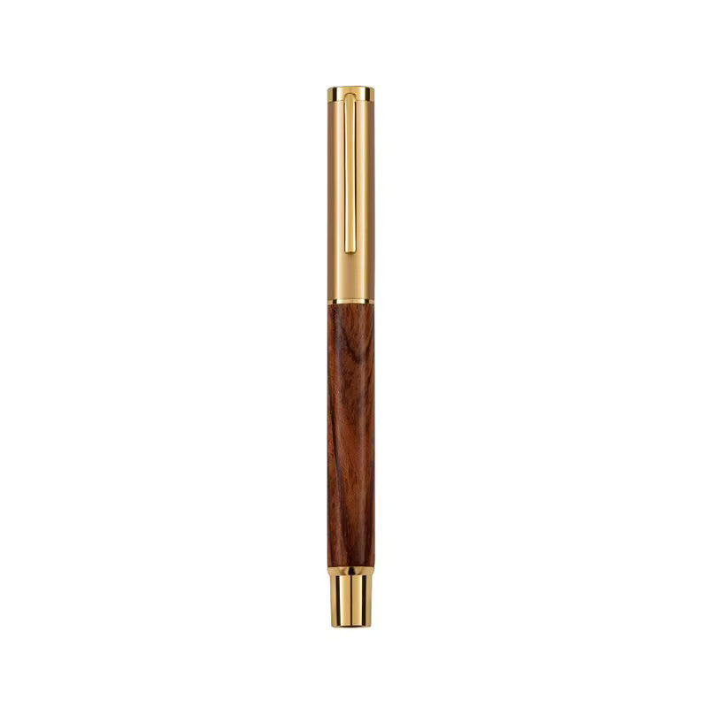 Classic Wooden Gel Pen - Dark Pinewood Body, Black Ink & Brass Accents