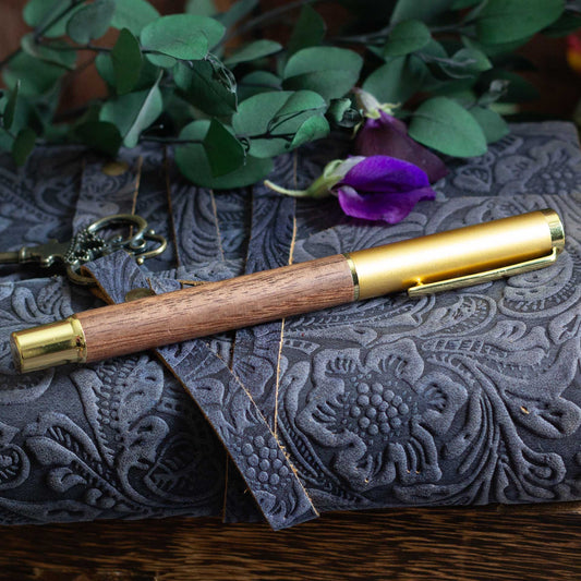 Classic Wooden Gel Pen - Pale Walnut Body, Black Ink & Brass Accents