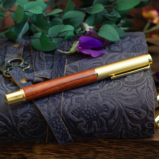 Classic Wooden Gel Pen - Dark Pinewood Body, Black Ink & Brass Accents
