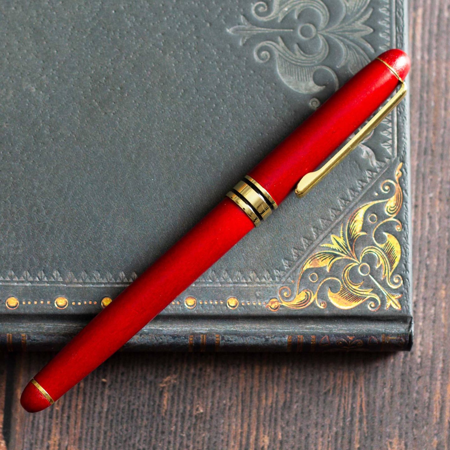 Classic Wooden Pen in Vermillion Red with Golden Fittings