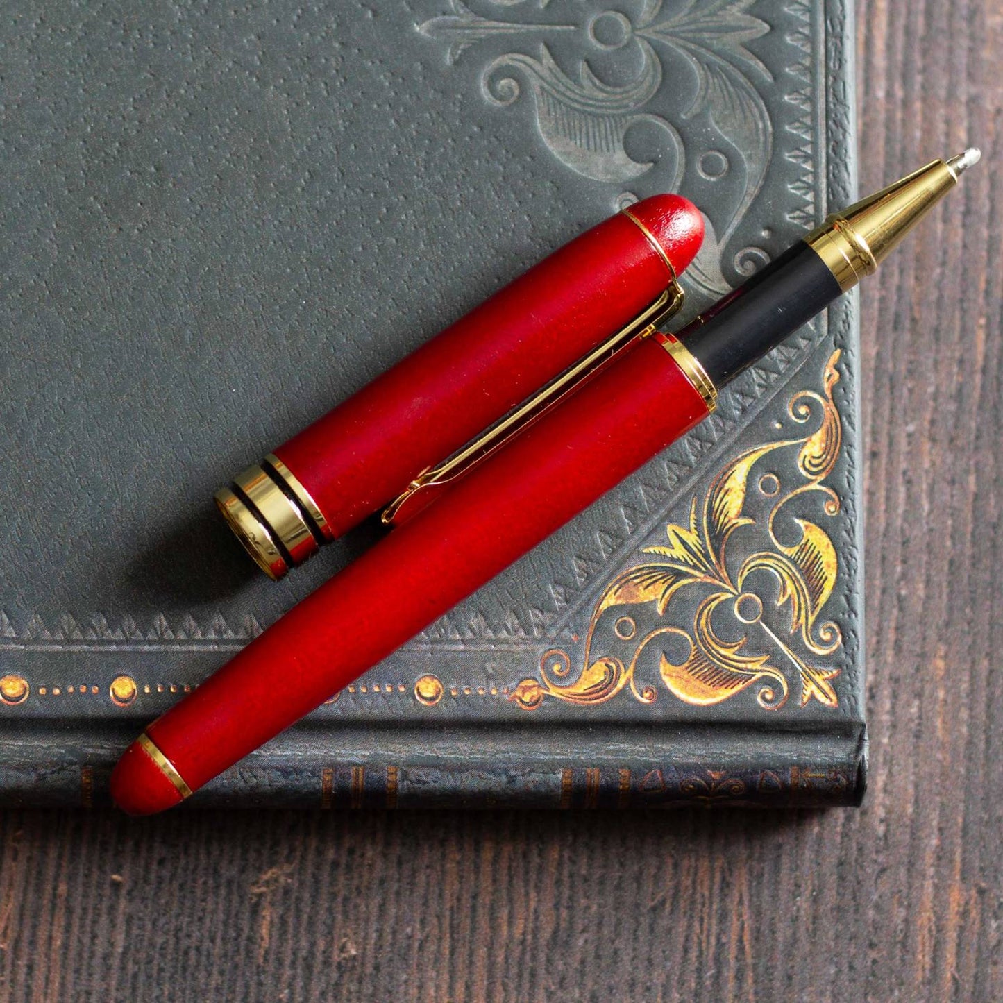 Classic Wooden Pen in Vermillion Red with Golden Fittings