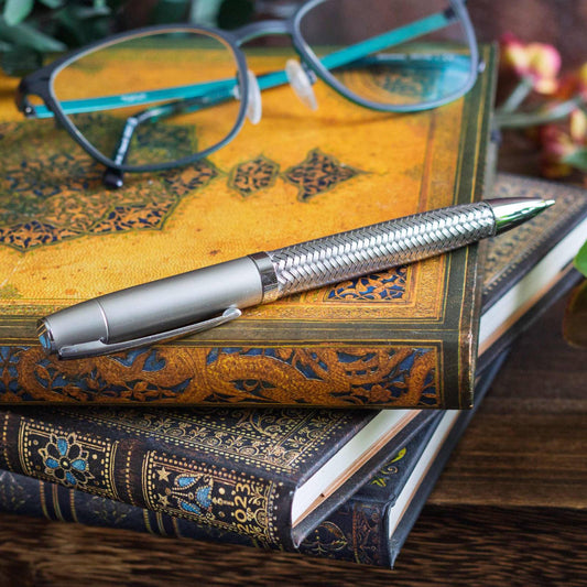 Woven Metal Executive Pen. Black ink, ballpoint pen.