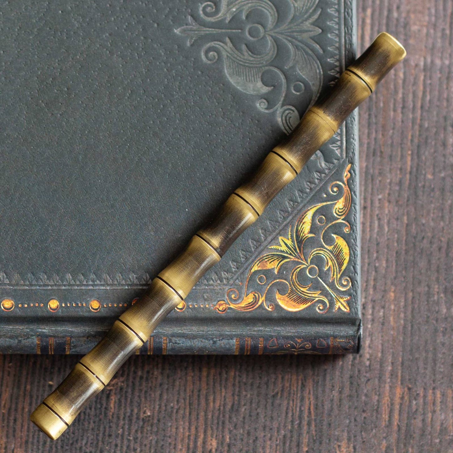Brass Bamboo Design Pen. Black ink, ballpoint pen.