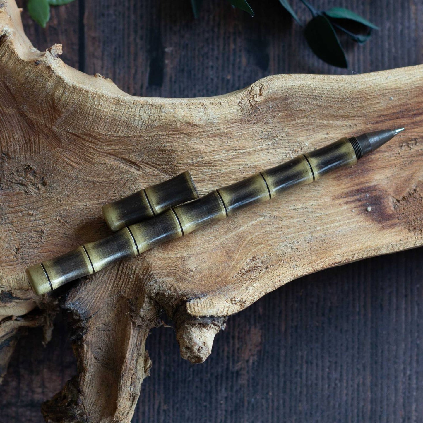 Brass Bamboo Design Pen. Black ink, ballpoint pen.