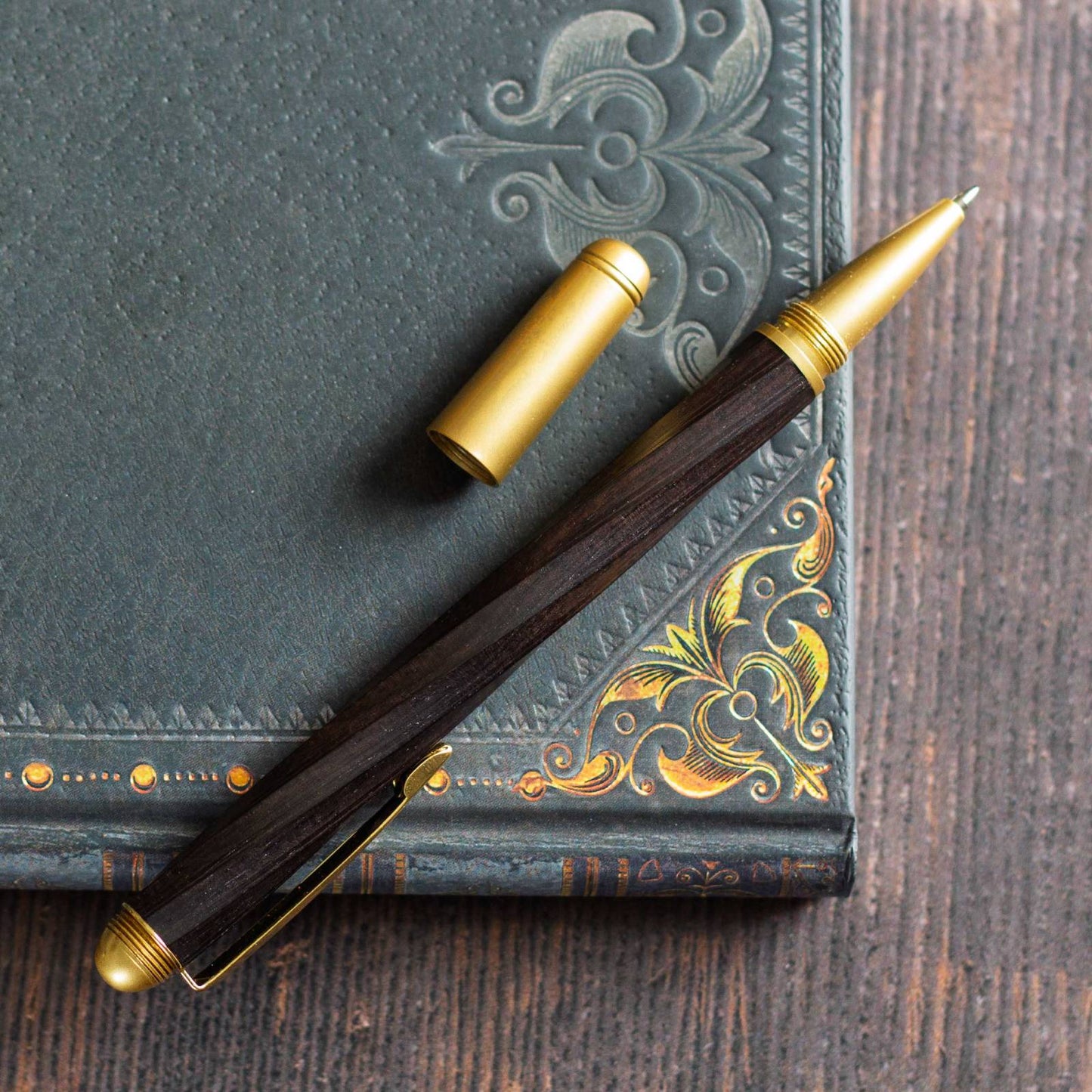 Twist-Design Wooden Pen. Ballpoint pen, black ink.