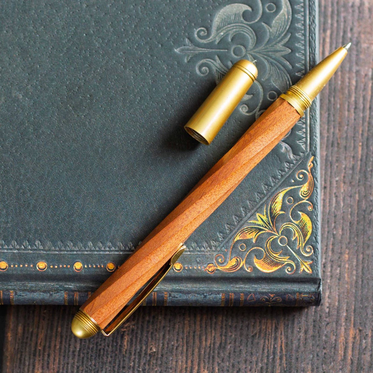 Twist-Design Wooden Pen. Ballpoint pen, black ink.