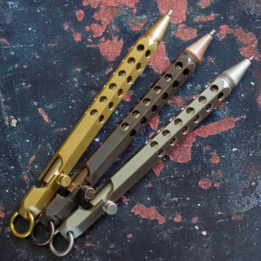 Industrial Metal Pen. Black ink, ballpoint pen. Rugged, compact design.